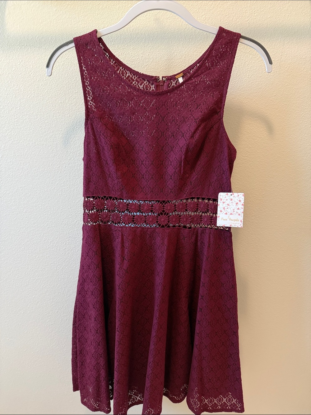 Free People Lace Fit & Flare Lined Dress in Burgundy see through waist NWT 6
